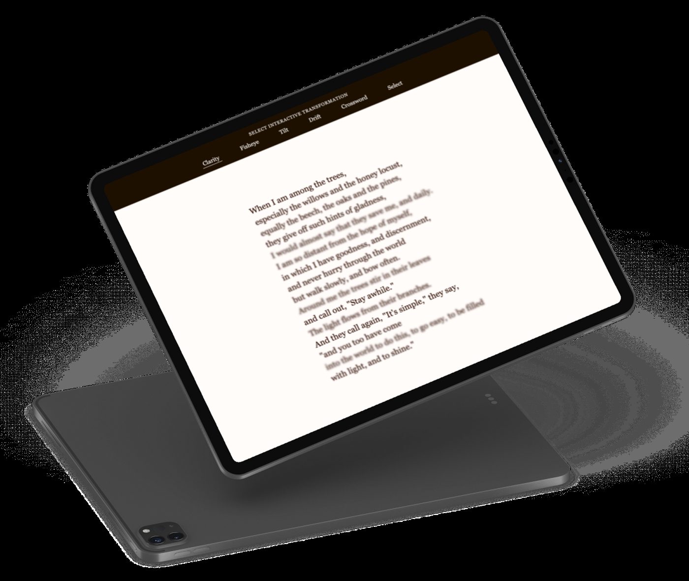 The Among The Trees interactive site shown on an iPad Pro — Mary Oliver's poem set in a circular arrangement with a typographic-transformation menu