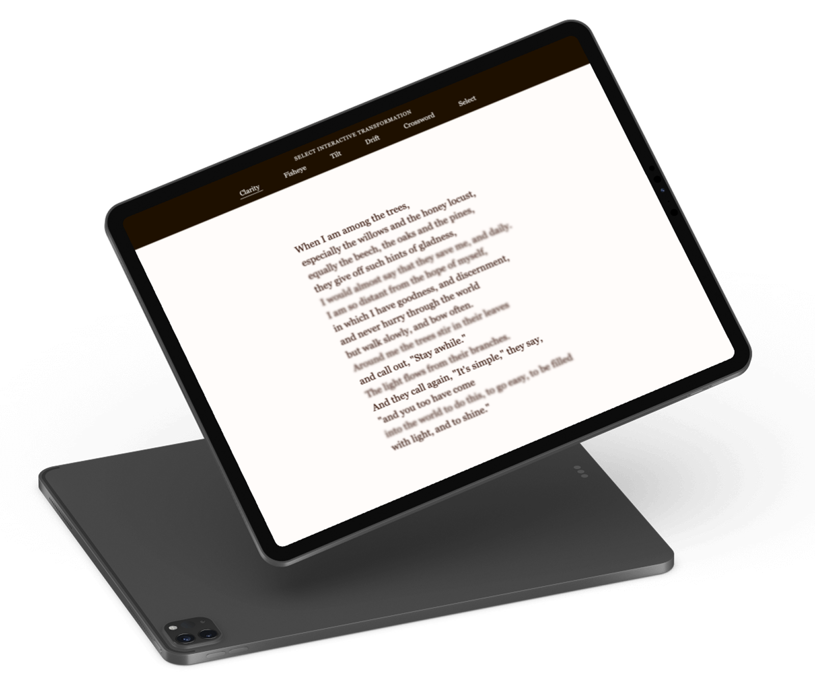 The Among The Trees interactive site shown on an iPad Pro — Mary Oliver's poem set in a circular arrangement with a typographic-transformation menu