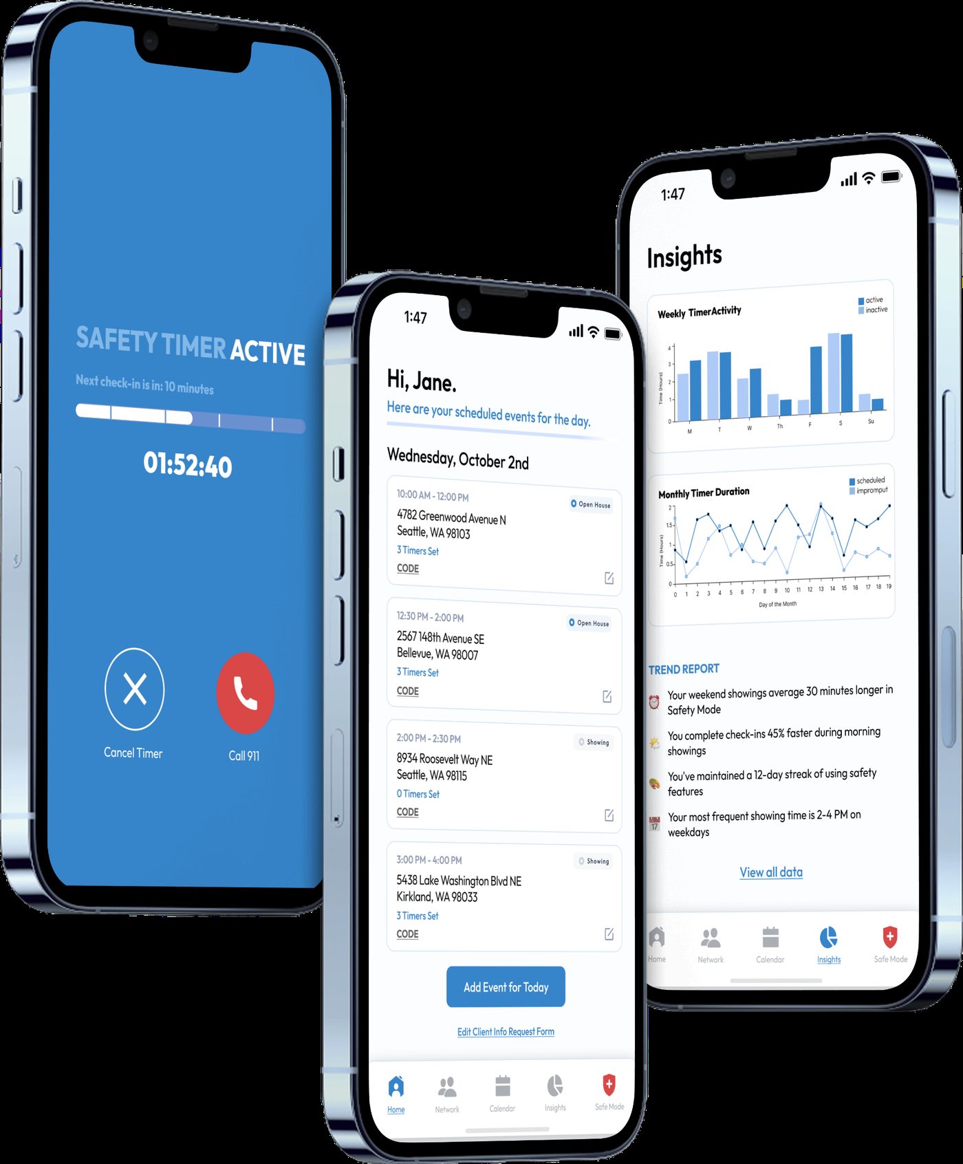 The Arc safety app — Safety Mode, home schedule, and insights screens