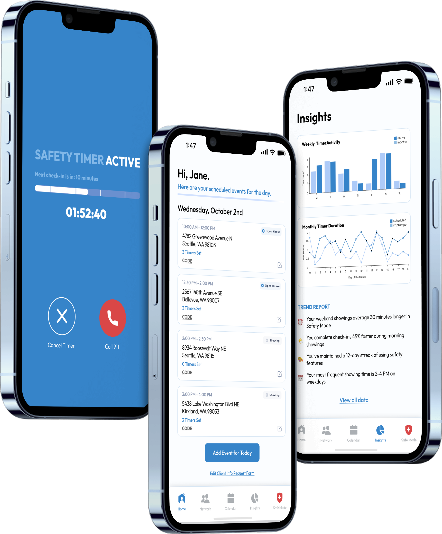 The Arc safety app — Safety Mode, home schedule, and insights screens