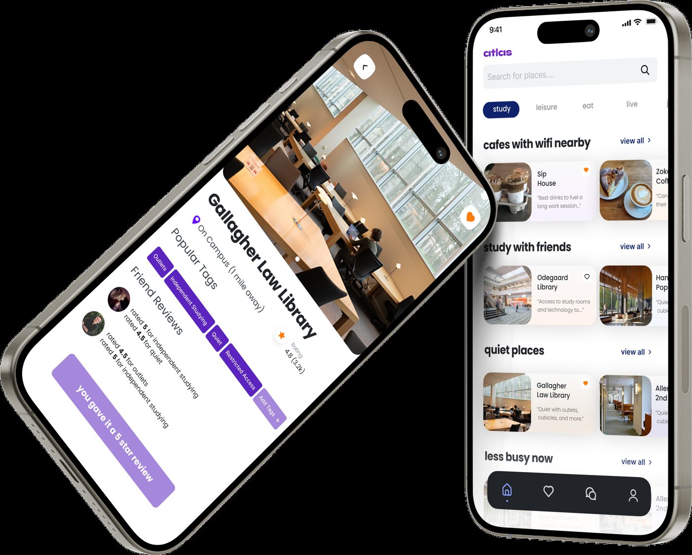 The Atlas app on two iPhones — a campus discovery home screen and a place detail page