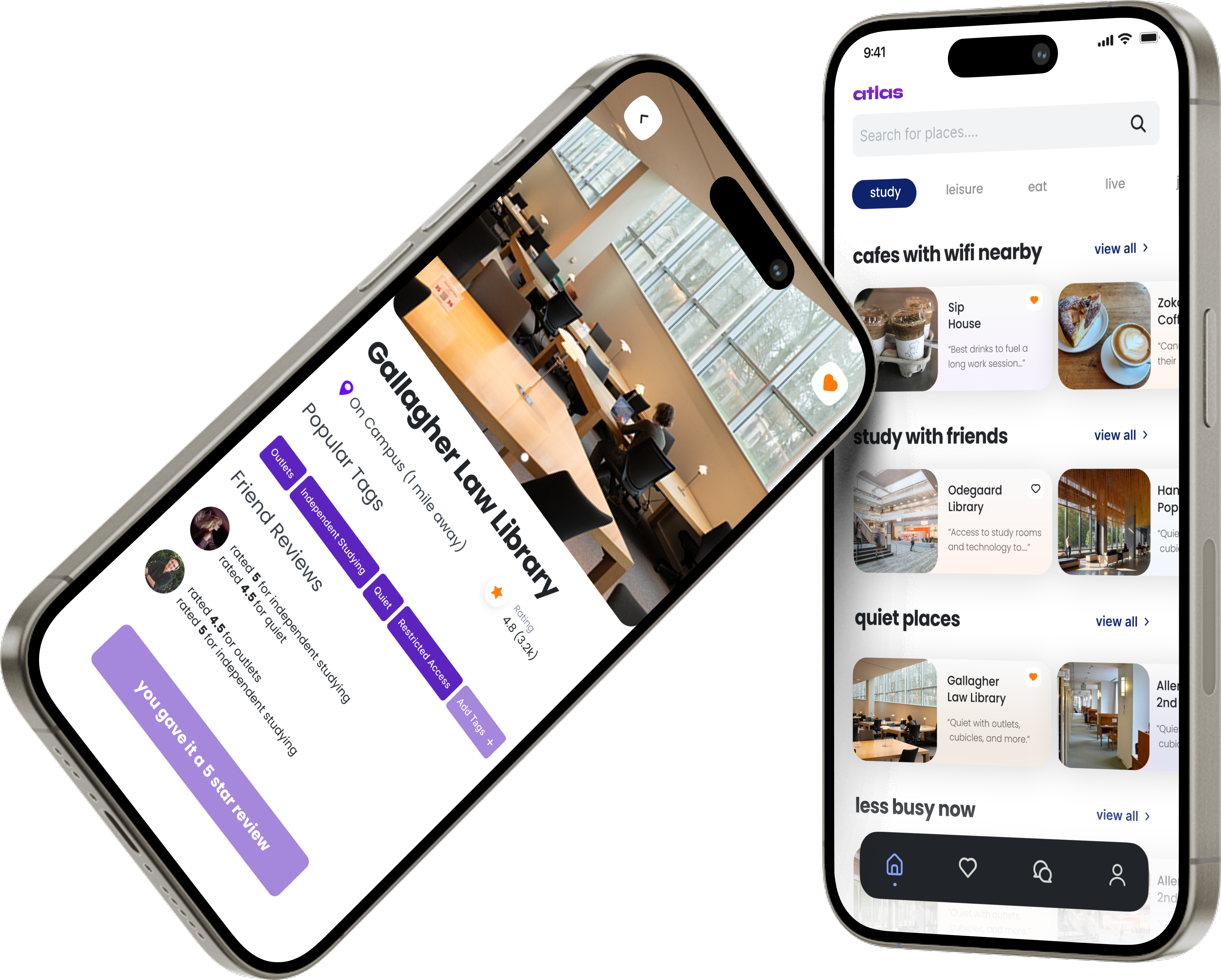 The Atlas app on two iPhones — a campus discovery home screen and a place detail page