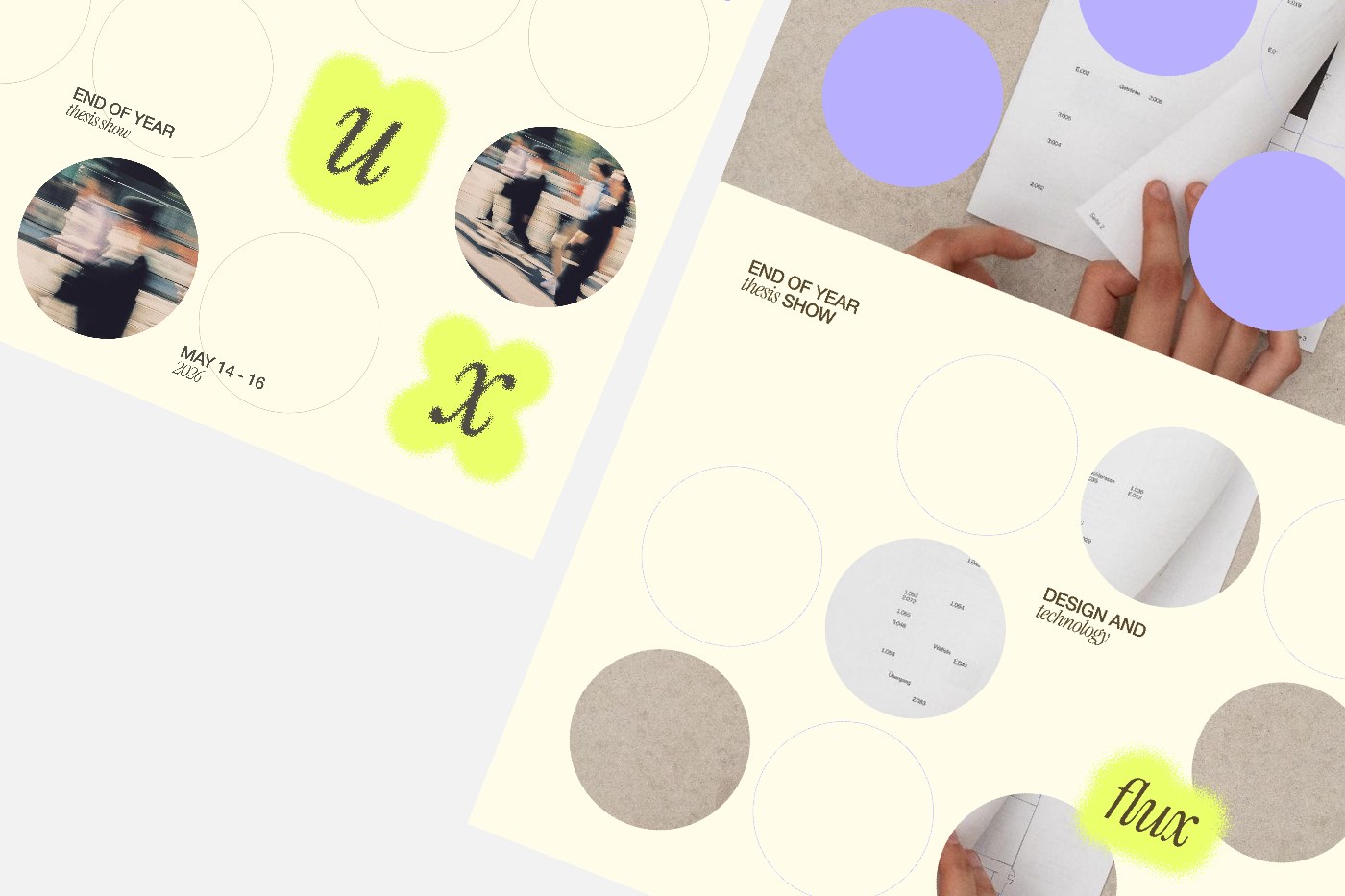 FLUX thesis show poster — circle cutouts revealing photos and the flux wordmark